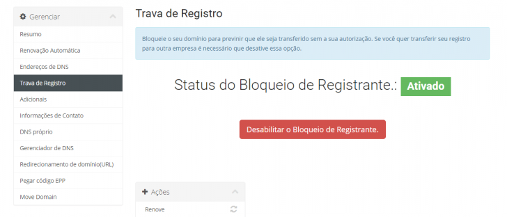 Tela para desbloquear um domínio e liberar sua transferência na Super Domínios