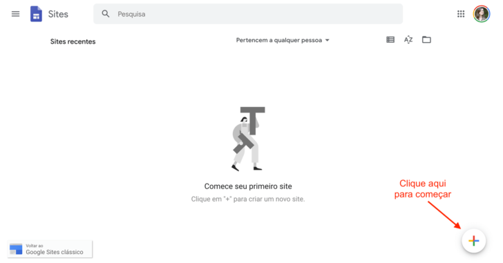 Tela inicial do Google Sites