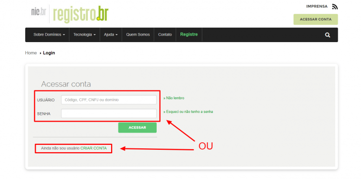 Tela de login do Registro.br