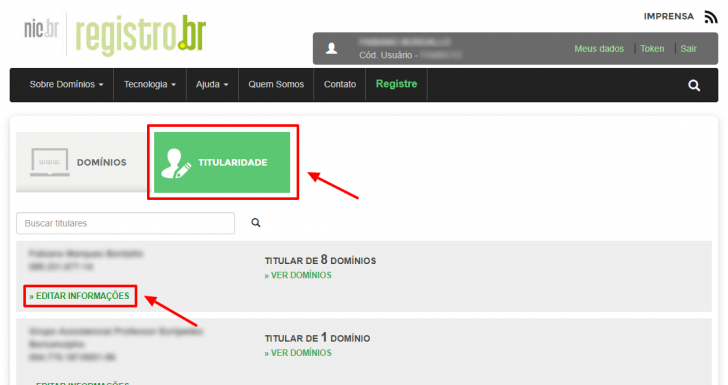 Titularidade - editar informações no Registro.br