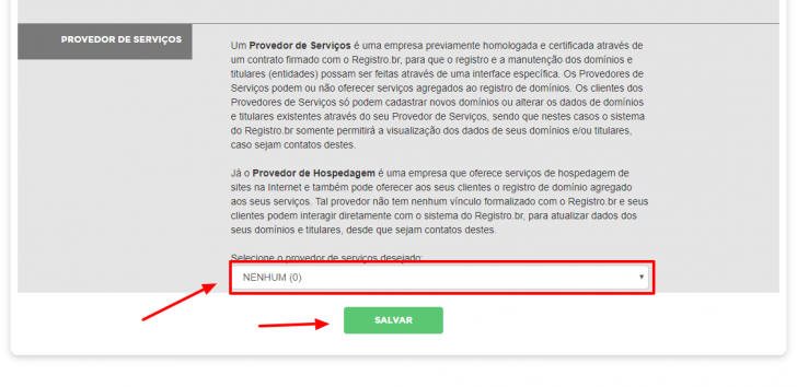 Tela para seleção de outro provedor de serviços