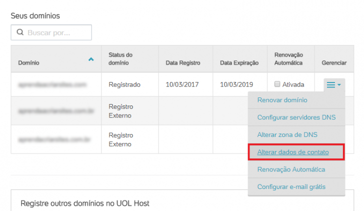 Transferir domínio internacional no UOL Host - passo 1