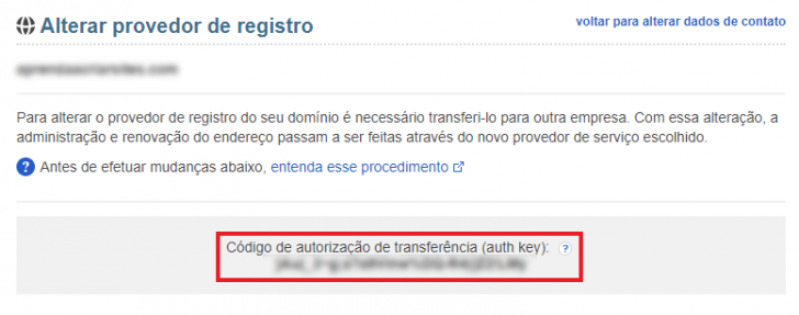 Tela exibindo a chave EPP ou auth key - necessária para a transferência do domínio