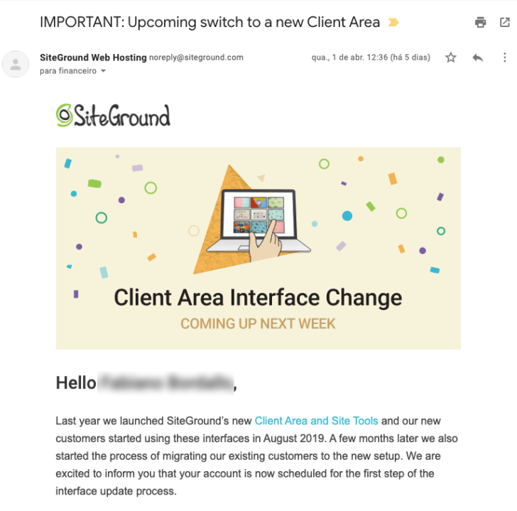 E-mail sobre o agendamento da migração do painel de controle e de cliente