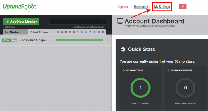 Painel do UptimeRobot com o link para criação do monitor em destaque