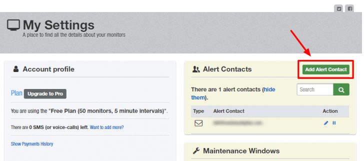 Tela de configurção com o botão para adicionar contatos de alerta em destaque.