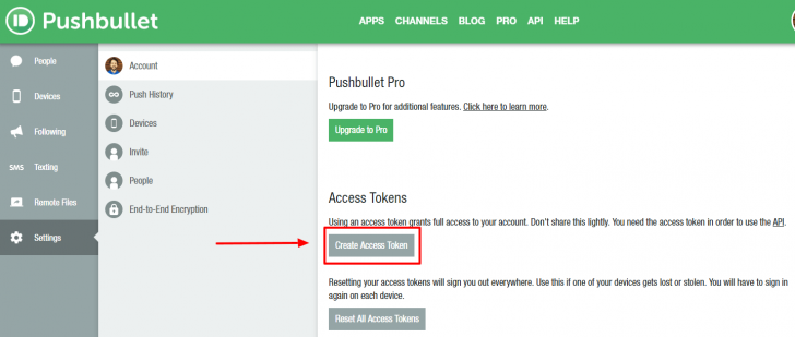 Painel do Pushbullet com o botão para criação do token de acesso