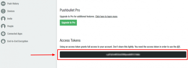Tela de configuração do Pushbullet com o token de acesso visível.