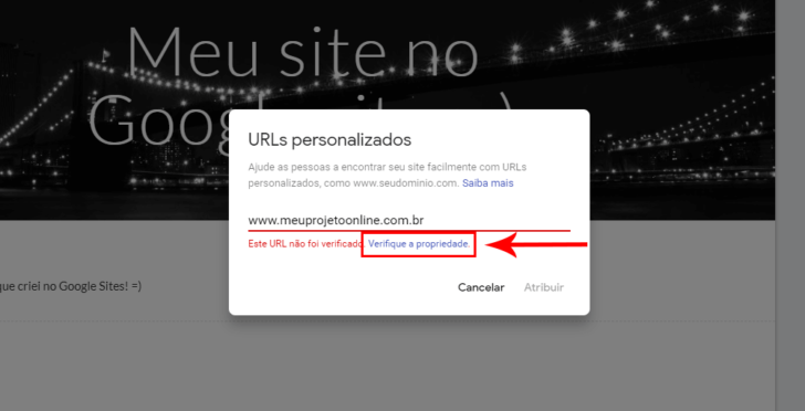 Link para verificação da propriedade do domínio