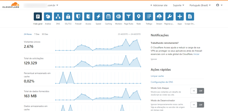 Página inicial do painel, com a visão geral do serviço