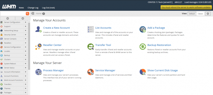 Um aviso é exibido no topo direito do painel sempre que existe a necessidade de reinicialização para conclusão de atualizações