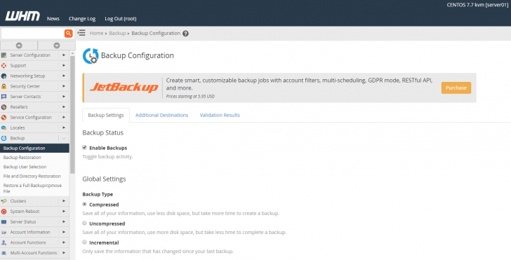 Configuração de backups no WHM