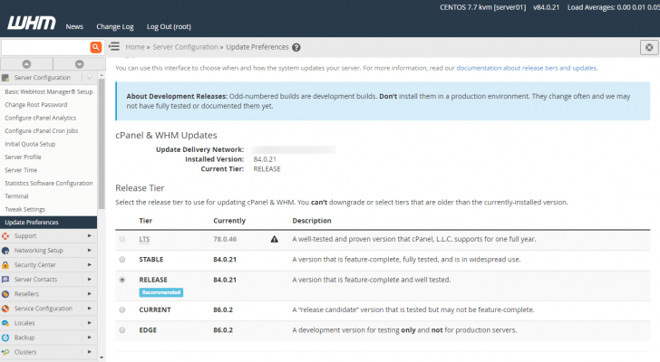 É possível definir a camada de versão que o WHM receberá a cada atualização 