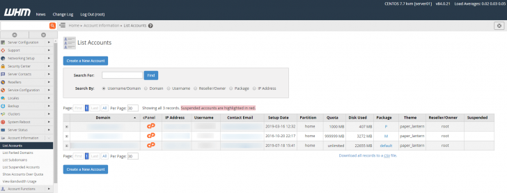 Lista de contas cPanel existentes na instalação do WHM