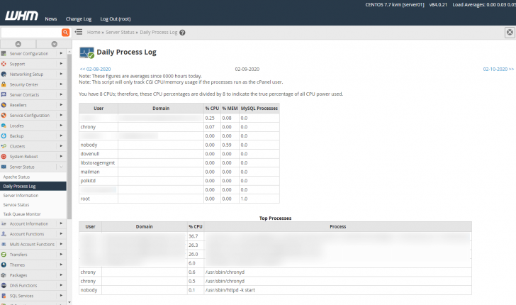 Log diário de processos do servidor