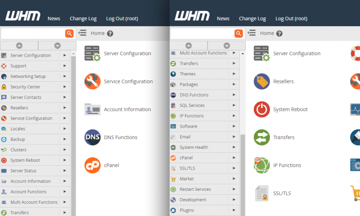 Menu lateral do WHM, com todas as seções fechadas