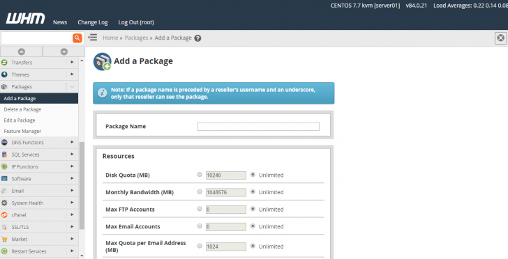 Seção para criação de pacotes de hospedagem