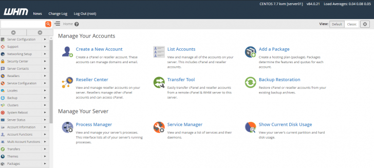 Página inicial padrão do painel WHM
