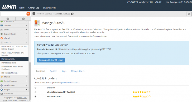 Opções de provedores de certificado SSL no WHM