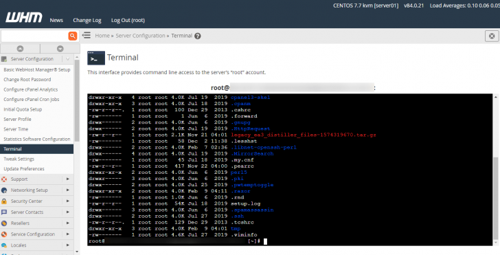 Um terminal com acesso root está disponível dentro do WHM
