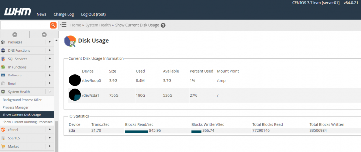 Relatório de uso do disco no WHM